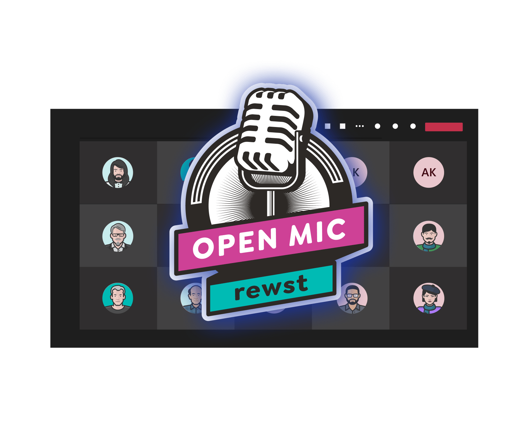 Microphone and virtual call headshots representing Open Mic.